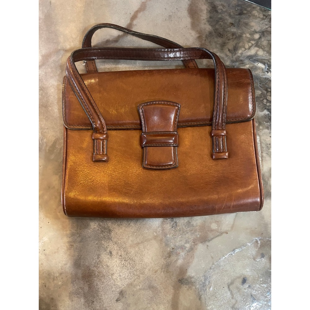 Vintage Leather Satchel Handbag Brown Classic Flap Top Handle Bag